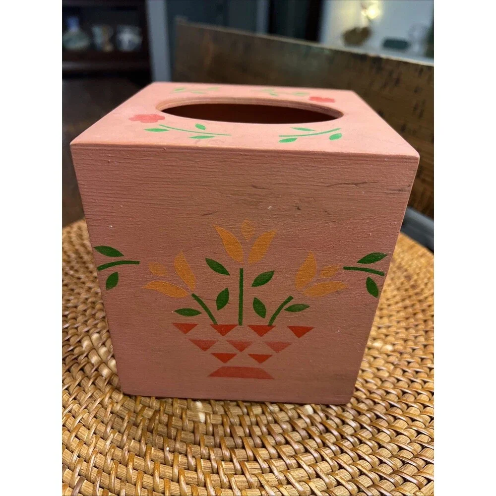 Vintage Square Wood Hand Stenciled Tissue Box Cover Primitive Flowers